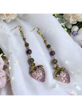 Strawberry Crystal Earrings Pink Acrylic Strawberry Charm with Amethyst